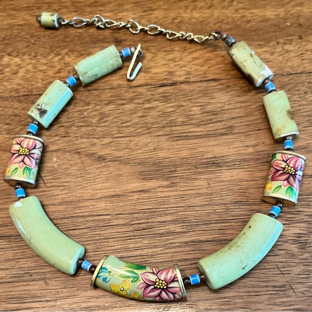Floral Green and Blue Beaded Necklace
